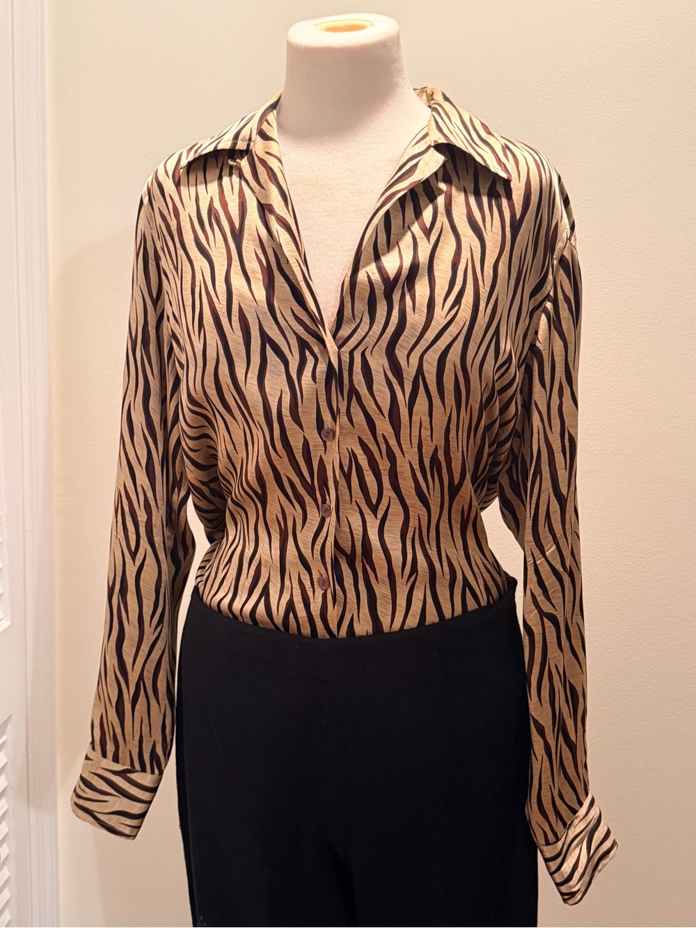 Anne Klein Tan and Black Animal-Print Button Down Blouse